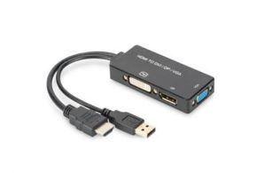 CONVERSOR VIDEO DIGITUS HDMI - DP+DVI+VGA M-H/H/H 0,2M 3 EN 1 C NEGRO DORADO