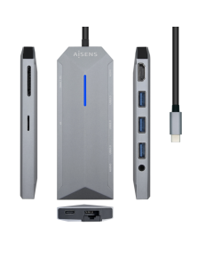 HUB AISENS 9 EN 1 USB-C DOCK HDMI RJ45 3xUSB PD AUDIO SD MICRO SD GRIS 15CM